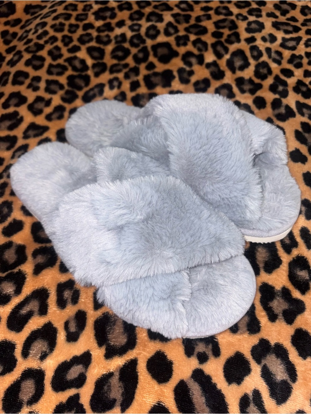 Plush Faux Fur Open Toe Slide On Gray House Shoes Slippers